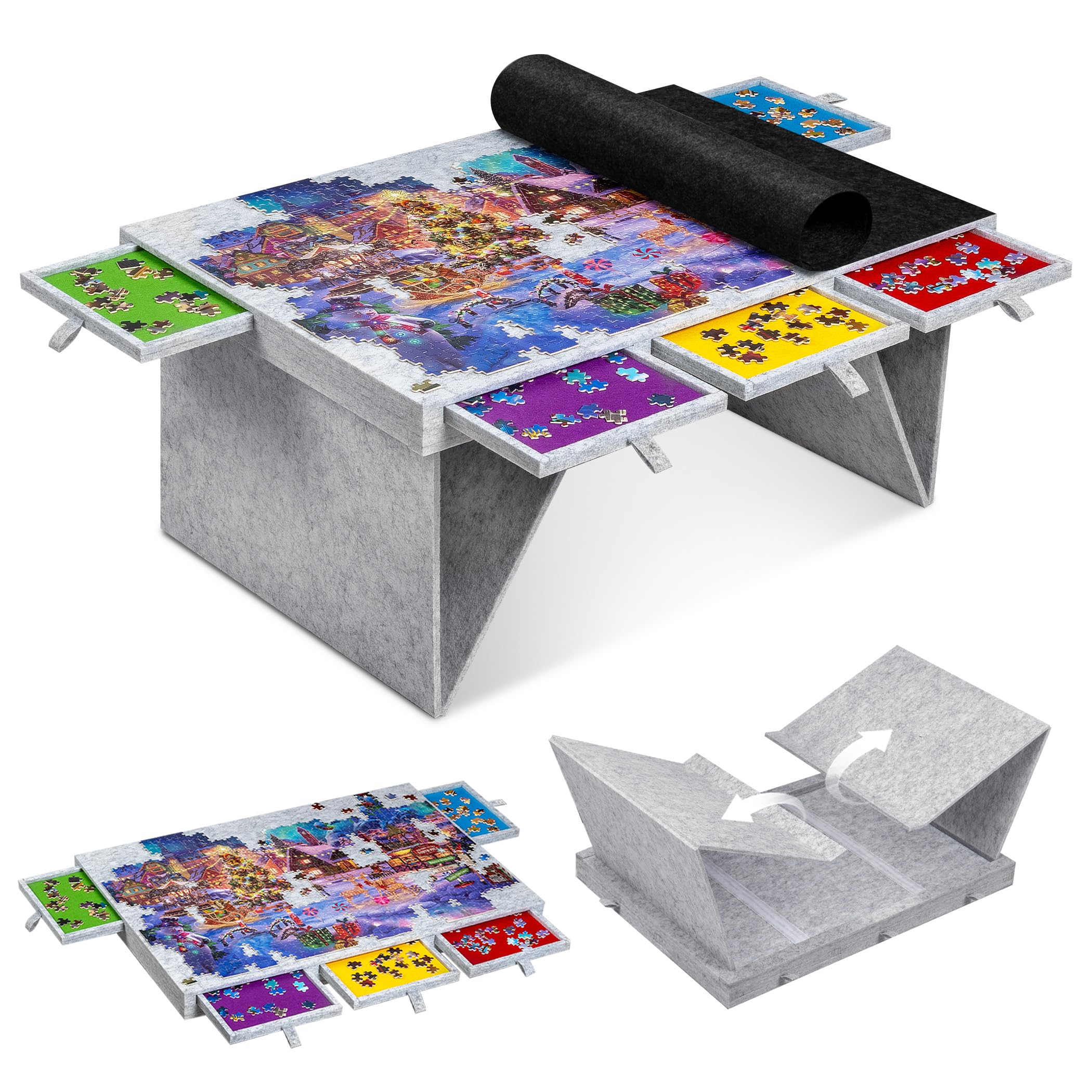 Jigpal 1000 Piece Jigsaw Puzzle Table with 5 Colored Drawers & Foldable Legs, Lightweight Puzzle Board with Cover, Jigsaw Storage Table for Adults, for 1000 Pieces Jigsaw Puzzle - Light Gray