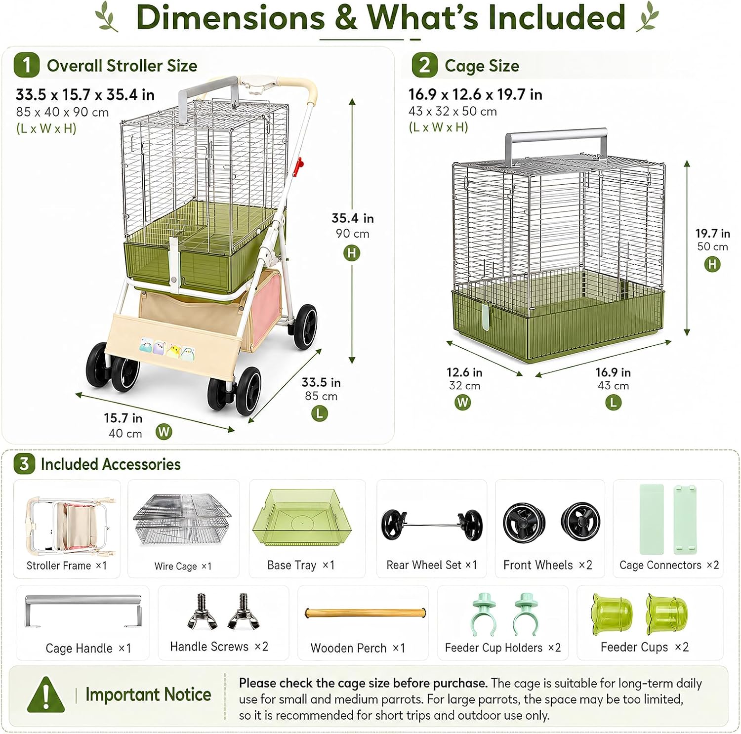 Bird Travel Cage Stroller, Foldable Parrot Carrier with Detachable Professional Bird Cage and Bottom Storage Basket for Budgies, Cockatiels, Conures, African Greys and Small Pets (Green)