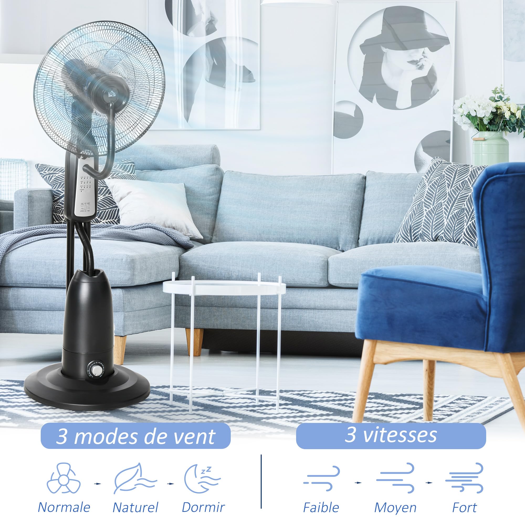 HOMCOM Ventilateur Brumisateur Silencieux 90W, Ventilateur sur Roulettes, 5 Pales Ø 44,5 cm, 3 Modes, 3 Vitesses, Brumisation, Télécommande, Minuterie, Oscillation à 70°, Tête Inclinable, Gris et Noir