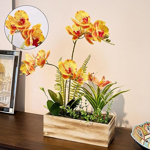 Miniatura 3 de YESDICO Arreglo de orquídeas artificiales de 20 pulgadas con maceta rústica Phalaenopsis, flores falsas que se ven reales para decoración del hogar