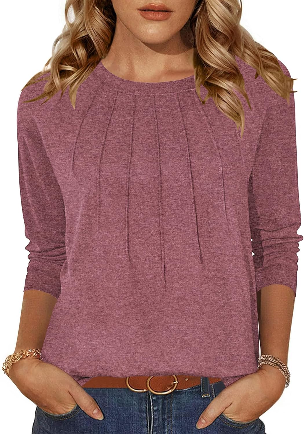ZEAGOO Shirt Damen Langarm Rundhals T-Shirt Casual Falten Oberteile Einfarbig Basic Shirts Herbst Locker Tunika Tops S-XXL