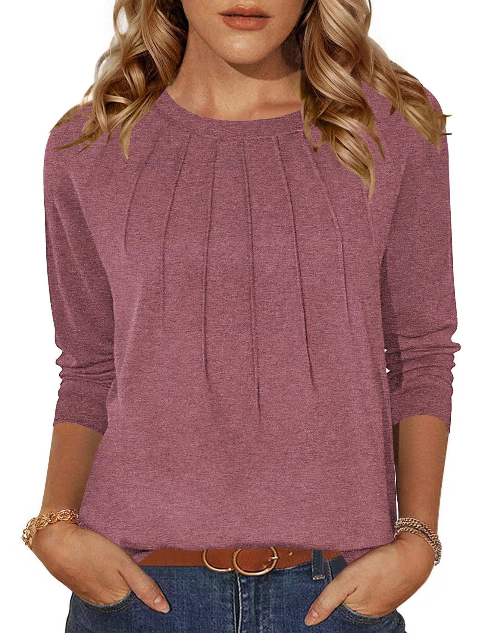 ZEAGOO Shirt Damen Langarm Rundhals T-Shirt Casual Falten Oberteile Einfarbig Basic Shirts Herbst Locker Tunika Tops S-XXL