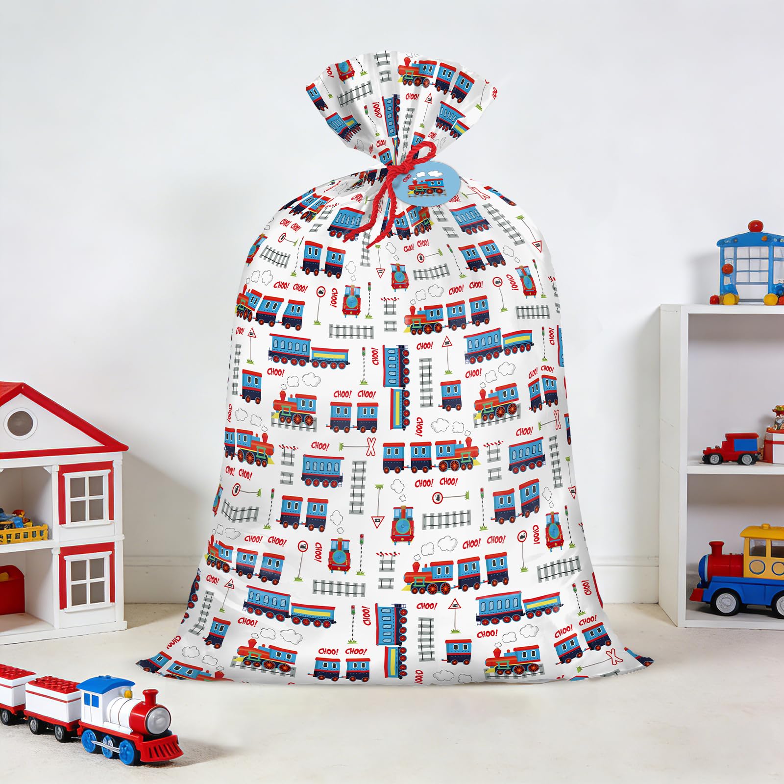 WRAPAHOLIC 56" Extra Large Train Birthday Plastic Gift Bag - Vintage Trains Tracks Jumbo Bike Bag Gift Wrap for Kids Boys Girls Birthday, Baby Shower - 56" H x 36" W