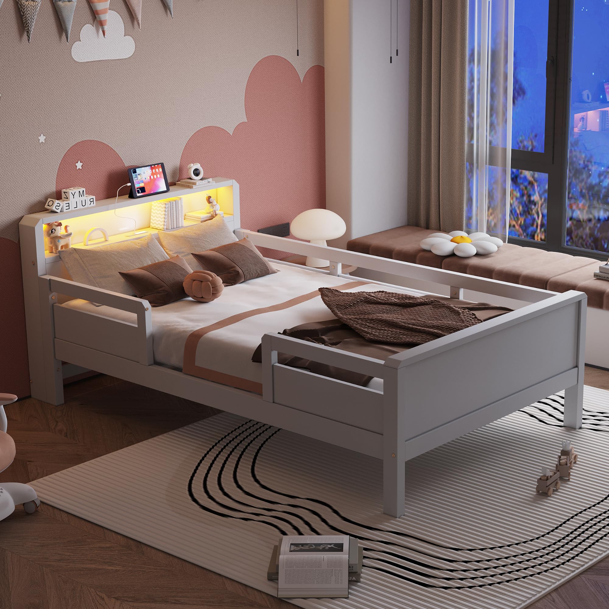 LED Bett 90x200 cm Kinderbett mit Rausfallschutz und Stauraum-Kopfteil, Kinder Bett Einzelbett mit USB-Type-C-Kombi-Steckdose, Holzbett Bettrahmen mit Lattenrost, Weiß, Ohne Matratze