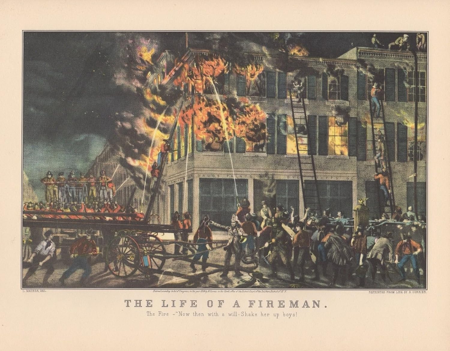 1952 Vintage Currier & Ives "LIFE OF A FIREMAN THE FIRE