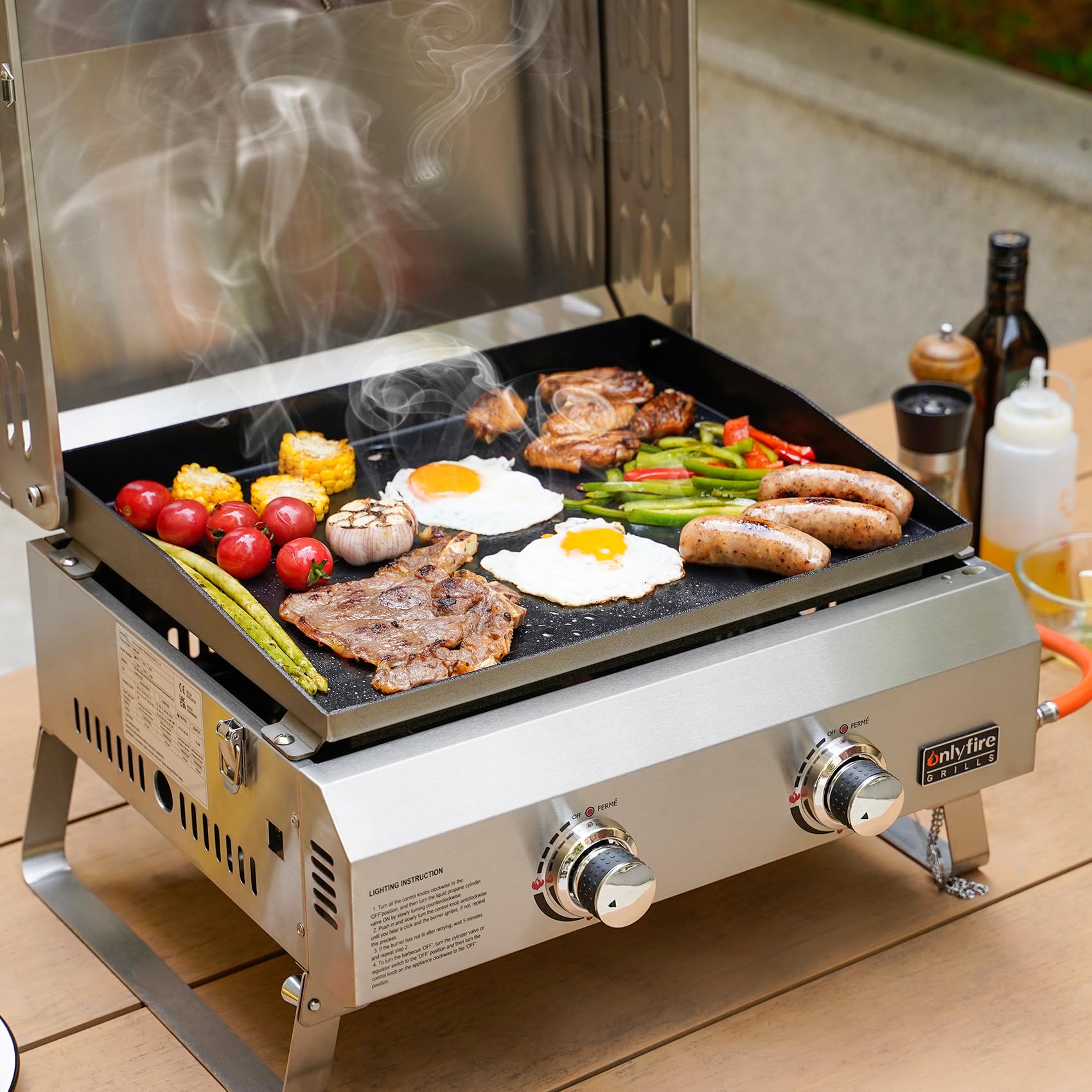 onlyfire Barbecue à Gaz 2 Brûleurs en Acier Inoxydable, Barbecue de Table avec Couvercle et Plaque de Gril en Céramique, Zone de Cuisson 45,8x36CM, pour Camping et l' Extérieur
