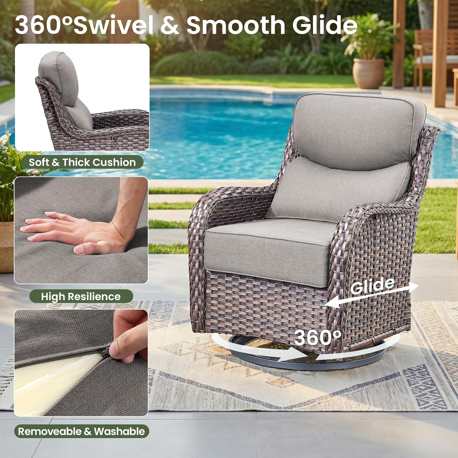 Luxury Patio Furniture Set with 6-inch Thick Cushion, Outdoor Furniture with Fire Pit Table, Swivel Chairs, Sofa, Side Table, Ottomans, 9pcs Wicker Conversation Set for Deck Yard and Poolside(Grey)