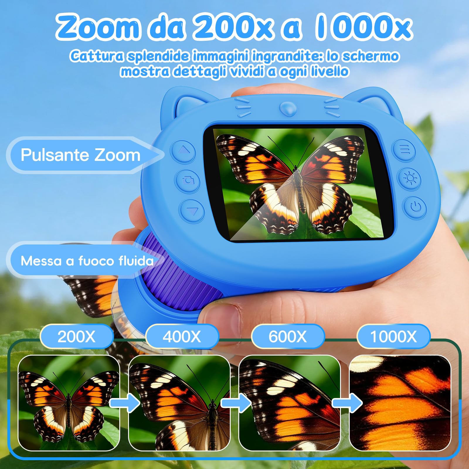 Microscopio Portatile per Bambini, Microscopio Digitale 1000x per Bambini con schermo IPS da 2,4 pollici, funzione fotografica e compatibilità con PC, Regalo Perfetto per Bambini (Blu)