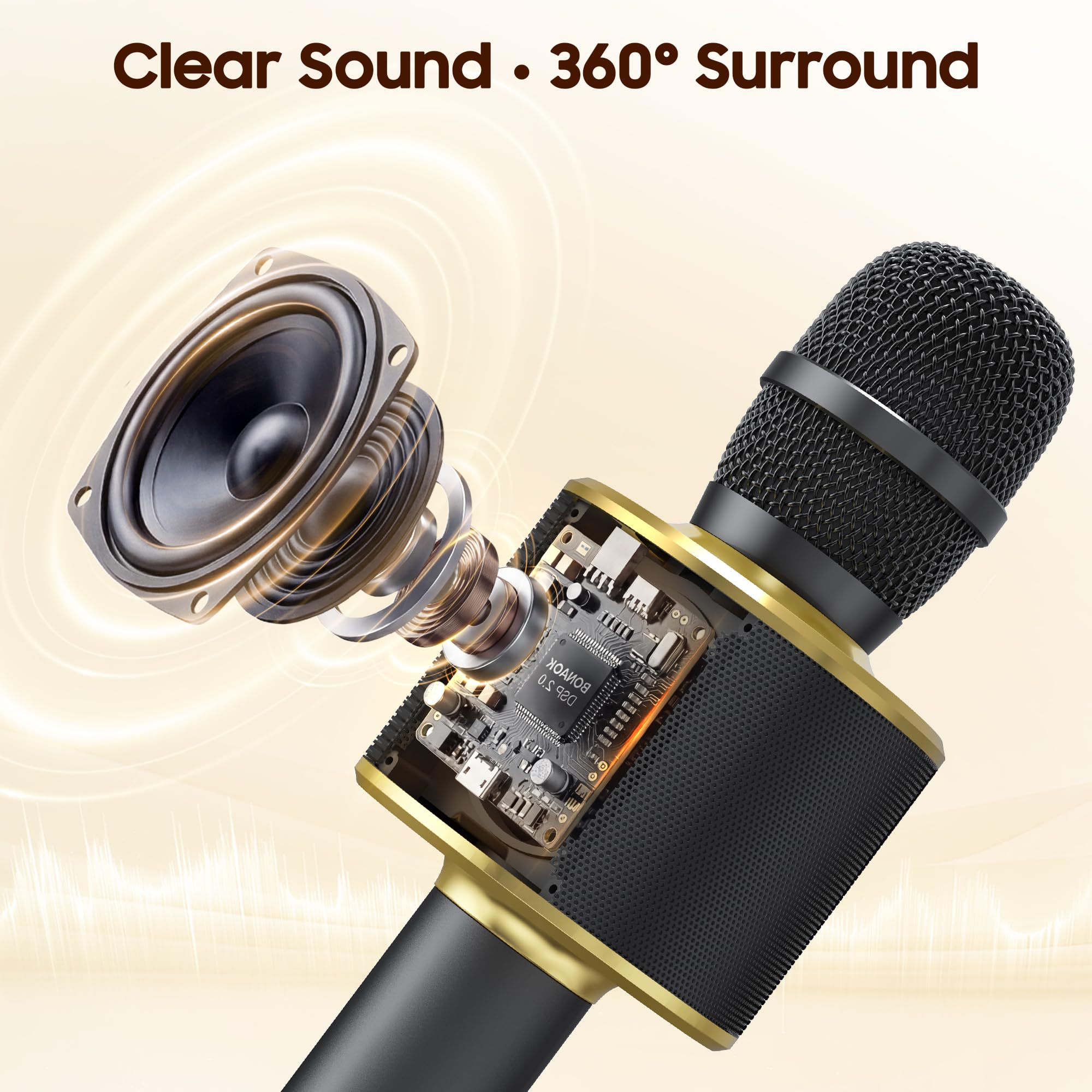 BONAOK Microphone sans Fil Karaoké, Microphone Bluetooth Lecteur Enregistreur Mini Karaoké Enfant Fête Familial pour Appareil Intelligent Android/iOS-Noir