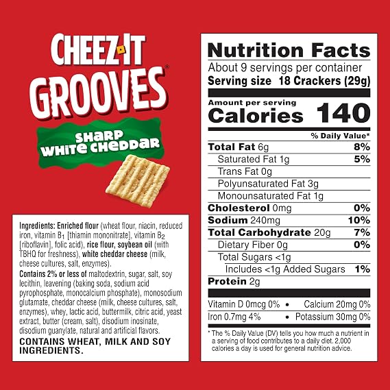Cheez-It Grooves Crunchy Cheese Crackers, Snack Crackers, Lunch Snacks, Sharp White Cheddar, 9oz Box (1 Box)
