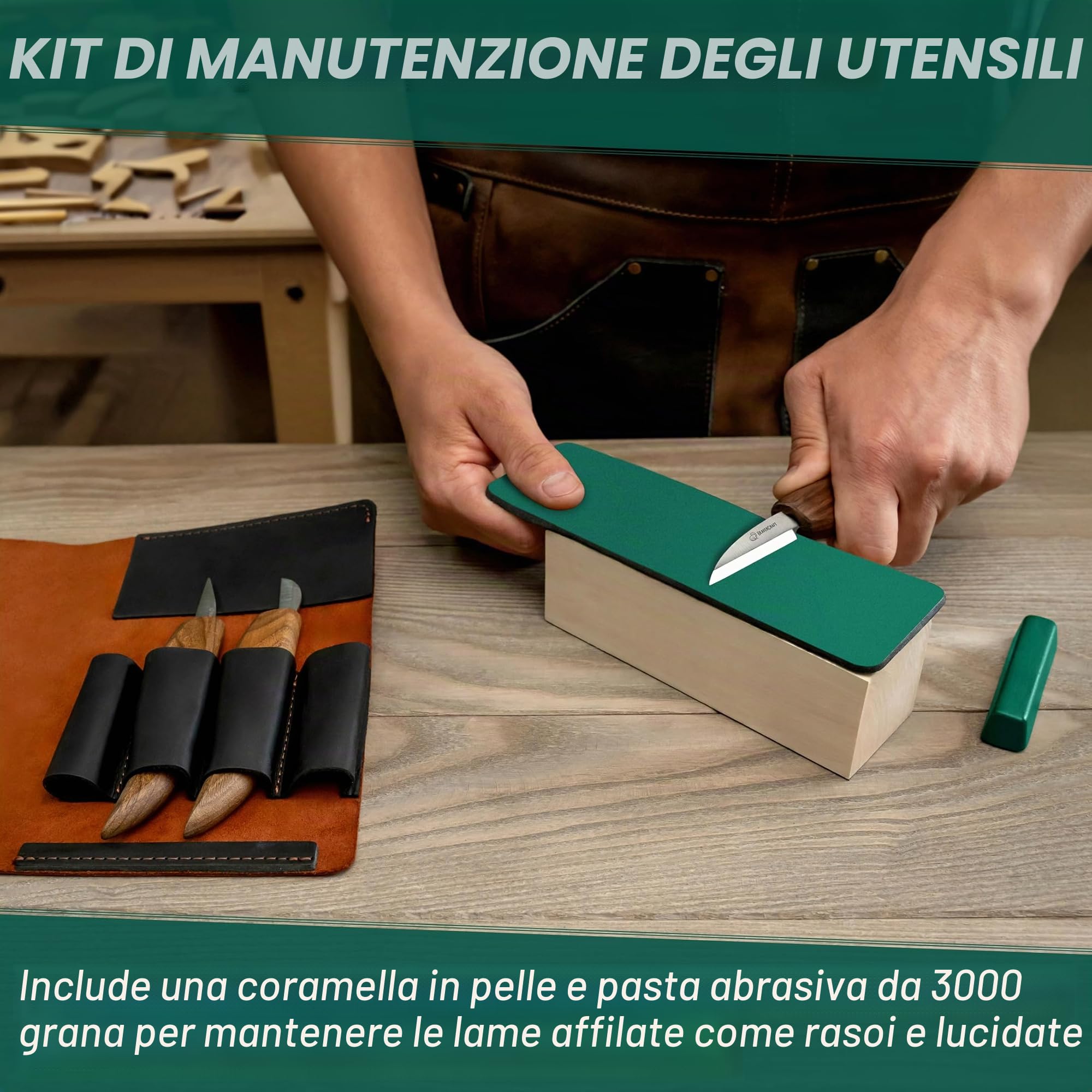 BeaverCraft Kit per intaglio del legno Set di coltelli da intaglio di lusso e strop in pelle S15X Set di coltelli per intaglio del legno Strumenti e coltello Strop con composto lucidante