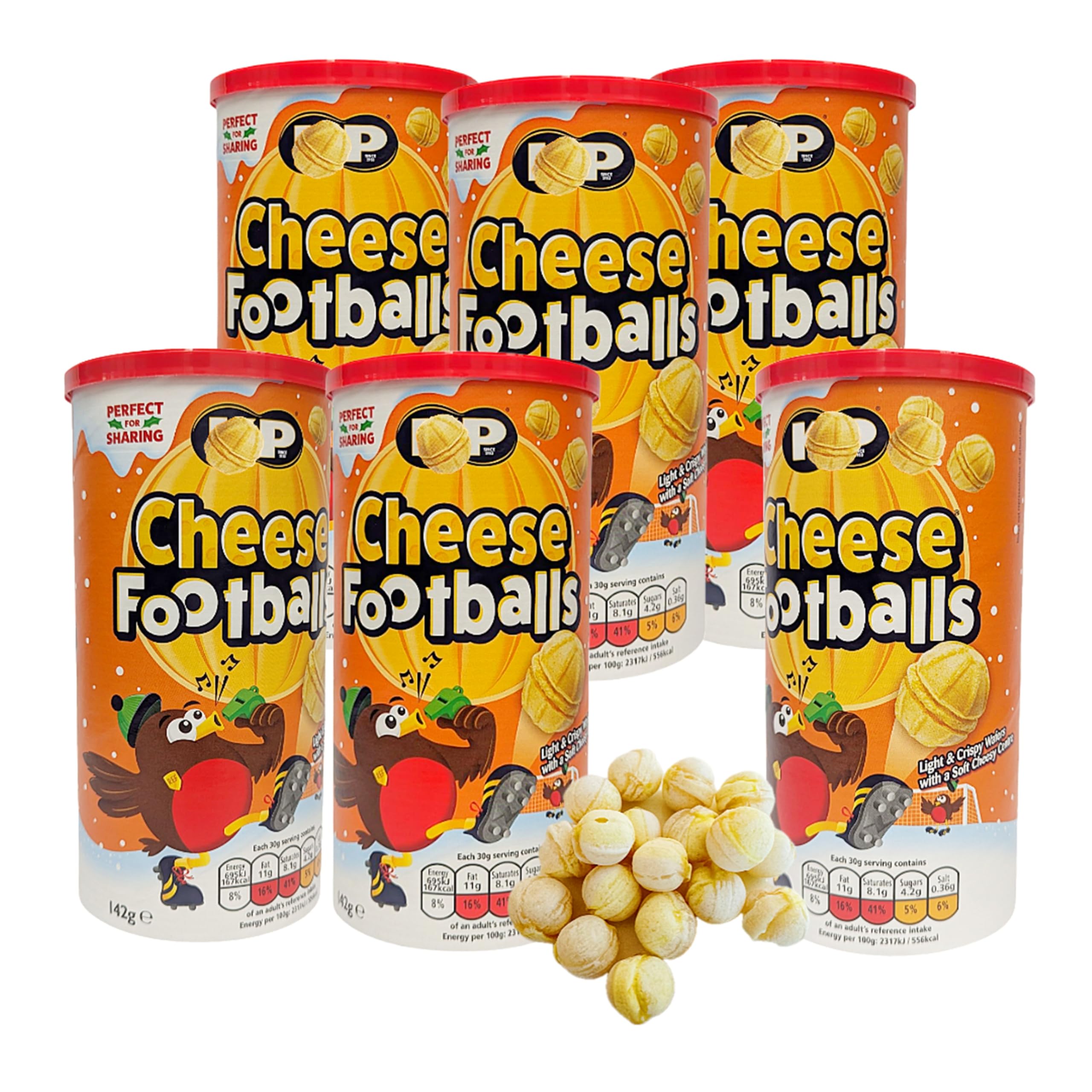 KP Cheese Footballs Snacks Bulk - Pack of 6 x 142g Light & Crispy Wafer Balls with a Soft Cheesy Centre. Cheese Snacks Hamper with Card for Pub Snacks, Party Food or Lunchbox Snacks.