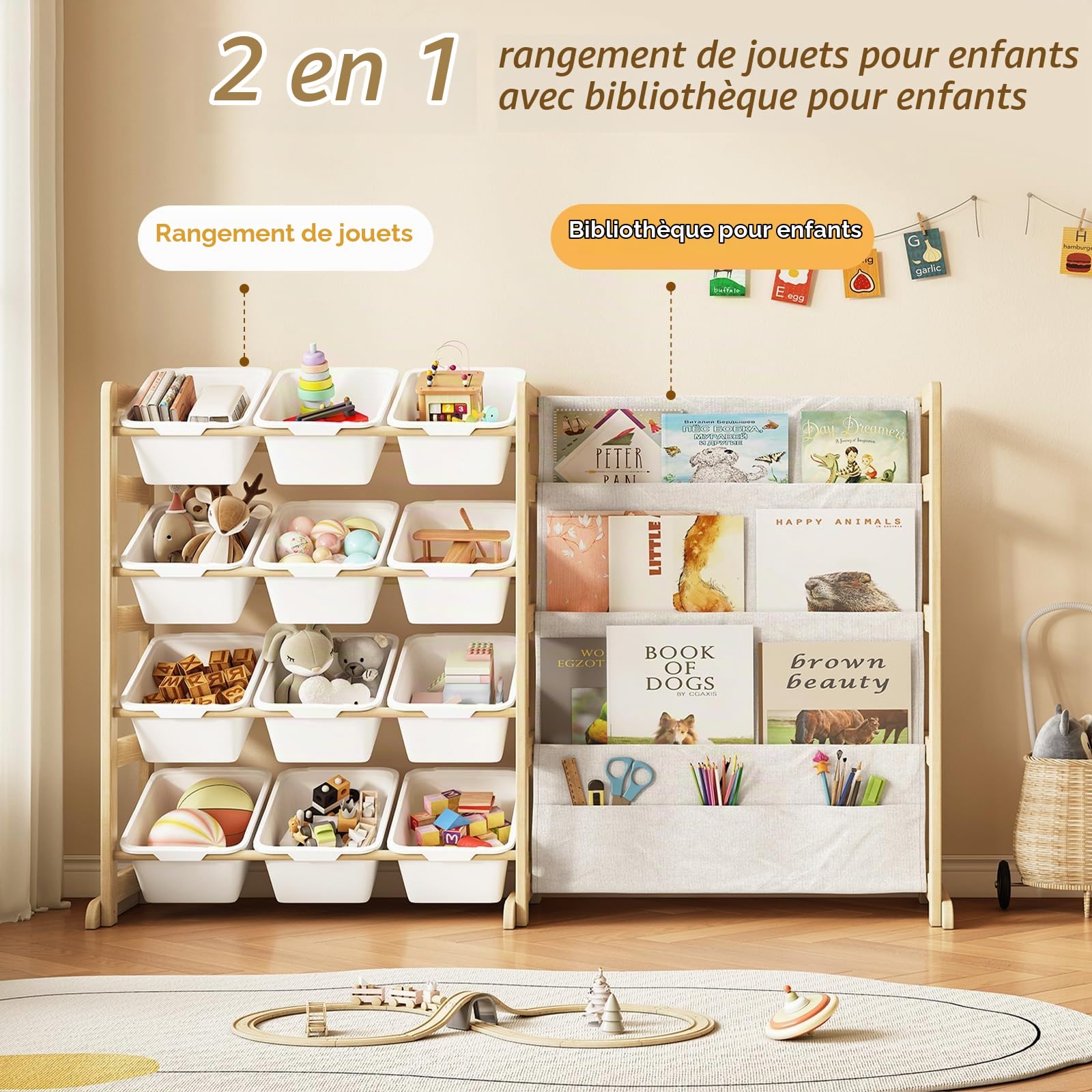EXPERLAM Organiseur de jouets avec bibliothèque - 12 paniers de rangement, étagère multifonction à 4 niveaux pour organiser les jouets et les livres pour chambre d'enfant, salle de jeux, chambre