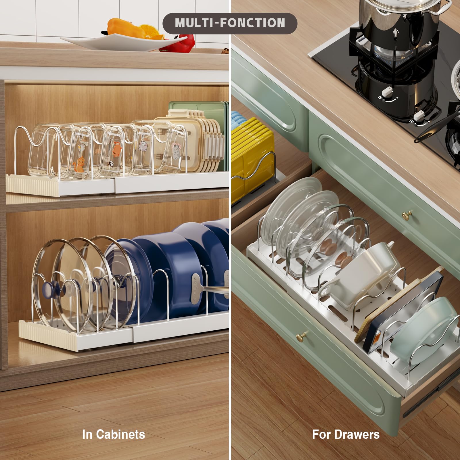 Magheo 2 Pièces Rangement Casserole Cuisine, Extensible Range Couvercle avec 9 Séparateurs Réglables, 32-57CM Porte Support Couvercle Casserole, Rangement Poele et Casseroles Placard (Blanc)