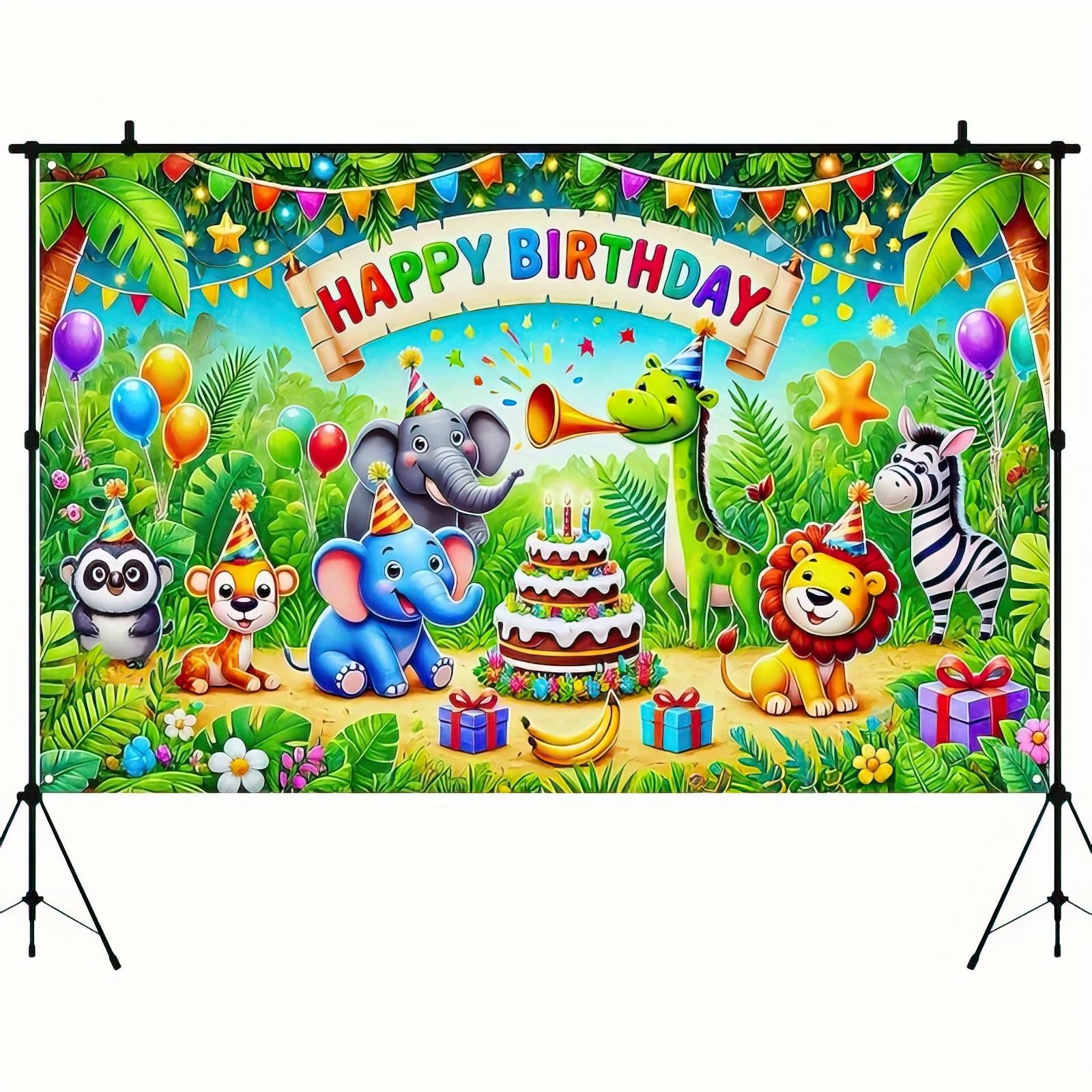 BlissYard Happy Birthday Banner 6 x 4 ft for Jungle Safari Theme Birthday Party Decorations Animal Zoo Theme Birthday Party Backdrop Tropical Forest
