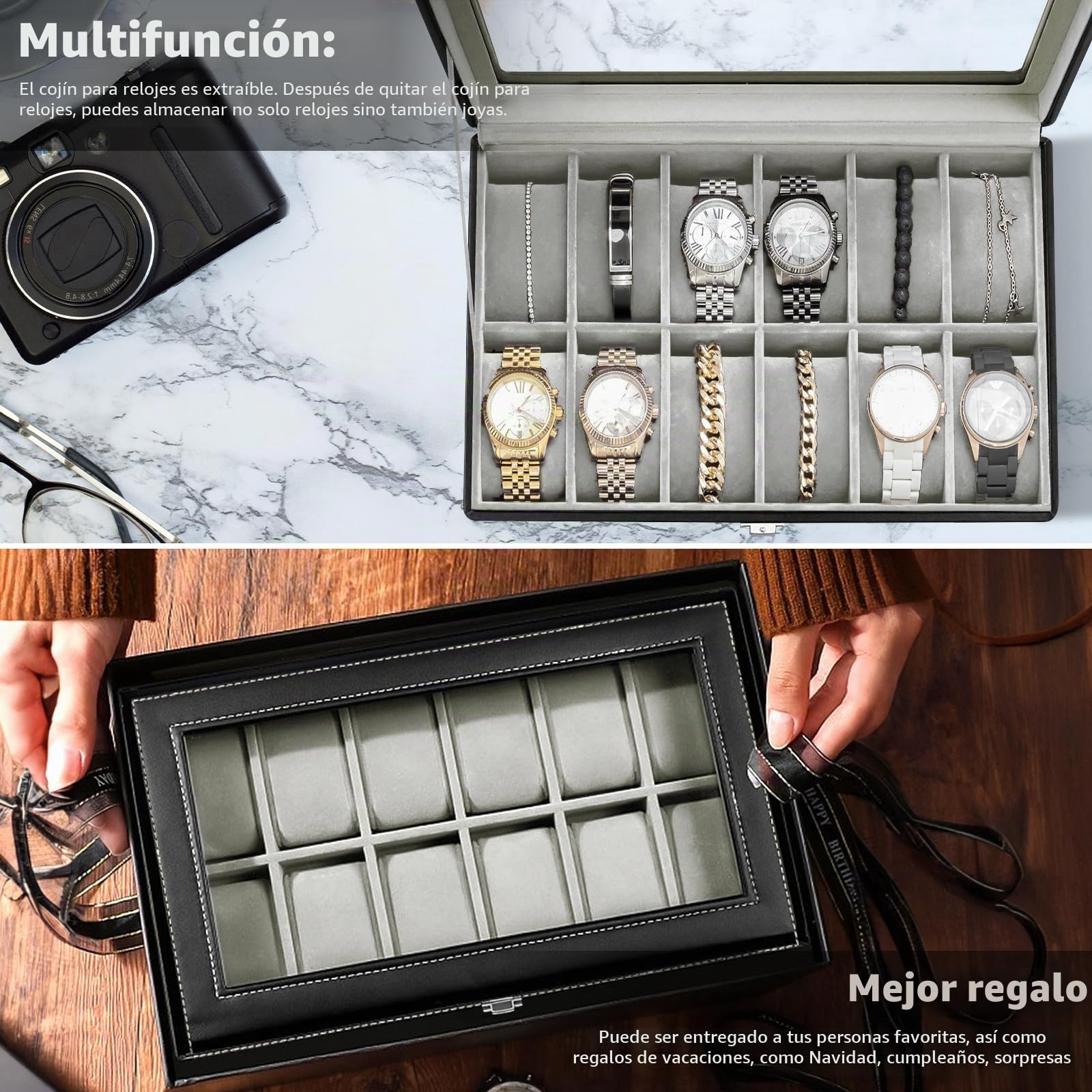 Caja para Relojes con 12 Compartimentos, Cristal y Cojín Extraíble