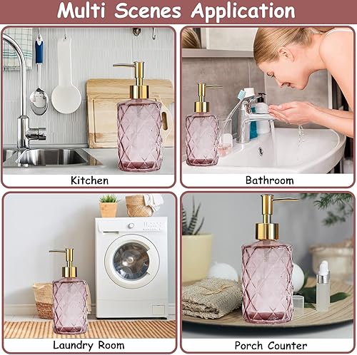 Miniatura 5 de Dispensador de jabón de vidrio con bomba de plástico dorado, dispensador de jabón líquido recargable de 12 onzas, paquete de 2 botellas de loción de