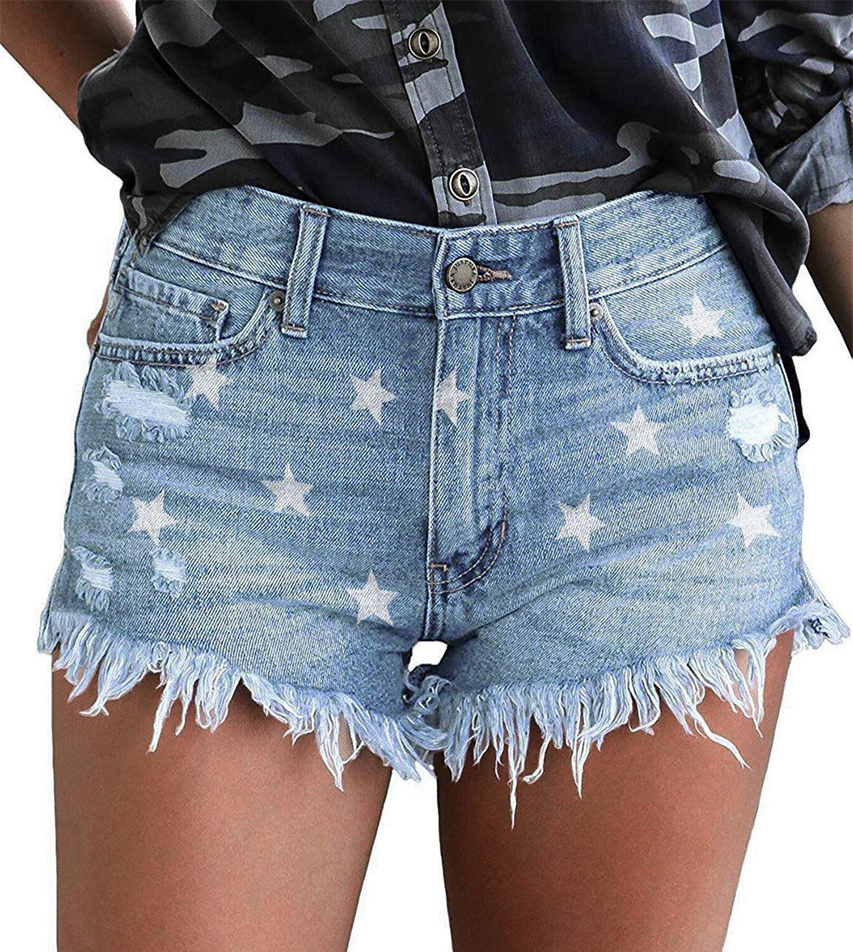 onlypuff Shorts for Girls Blue Jean Shorts Flag Shorts Women Distressed Shorts Stretchy Jeans L,