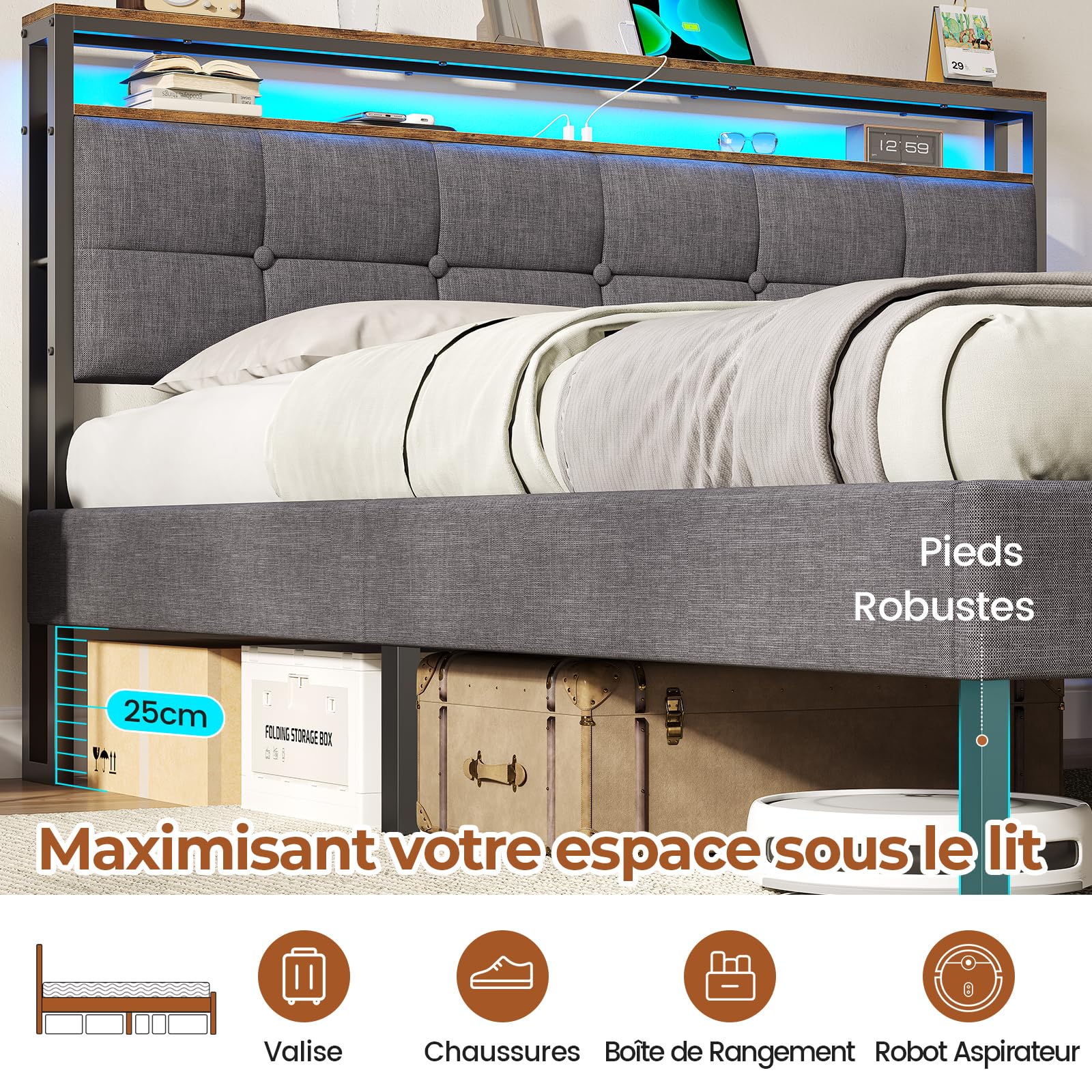 AOGLLATI Lit 2 Personnes avec Multiprise et LED Réglable,Cadre de Lit 140x190 avec Sommier Métal,Capitonnée en Lin Gris, sans Matelas