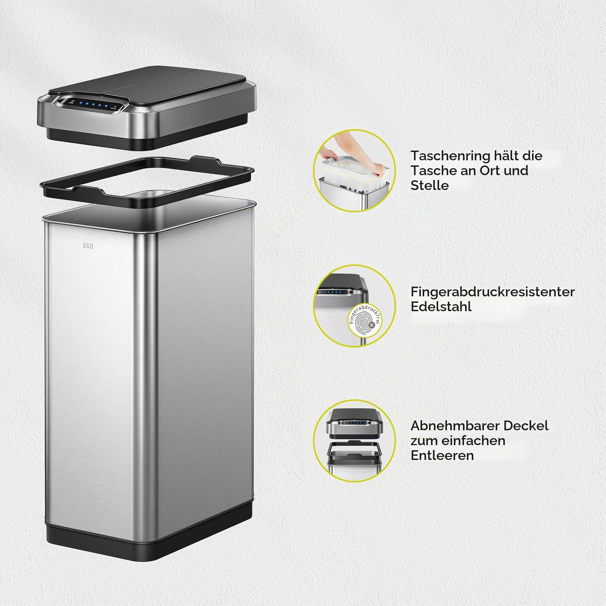EKO Phantom-T Mülleimer mit vertikalem Bewegungssensor, 50 l, gebürstetes Edelstahl-Finish
