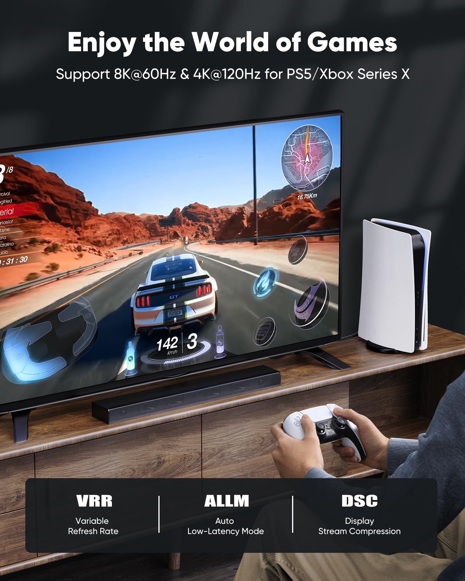 Capshi Cavo HDMI lungo 30,5 m, 8K, 4K a 120 Hz, cavo in fibra ottica 48 Gbps ad alta velocità per PS5/4, TV, console di gioco, monitor, 8K a 60Hz, 2K a 240Hz, 144Hz, supporto HDR, eARC, DTS: X, HDCP