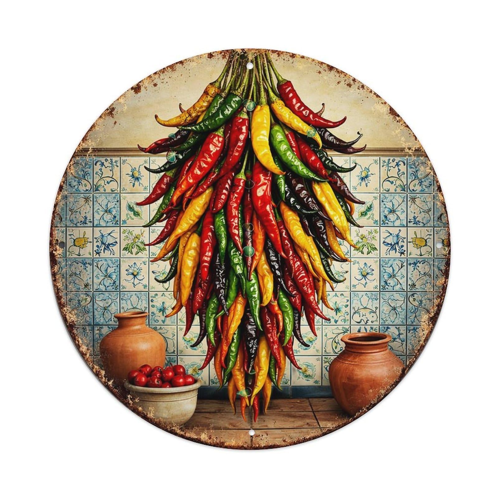 Colorful Chili Peppers Hanging Display Retro Metal Sign Round Tin Sign, Vintage Decor Art Poster for Bar, Home, Man Cave, Kitchen, Laundry Room Gift 8x8Inch