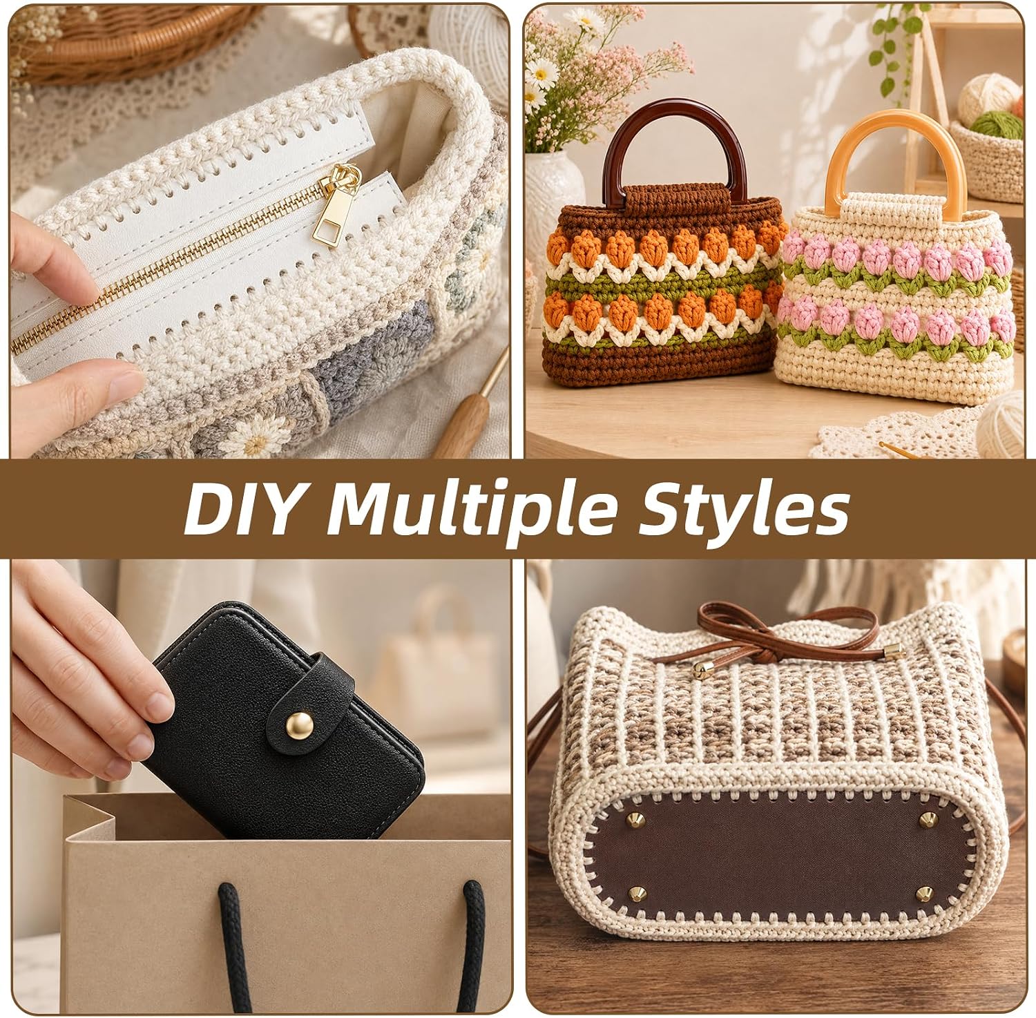 20PCS Purse Bottoms for Crochet Bags, Crochet Bag Making Kit with D Shape Purse HandlesSnap Buckles ClosurePU Leather Zipper, DIY Crochet Handbag Shoulder Bags Making