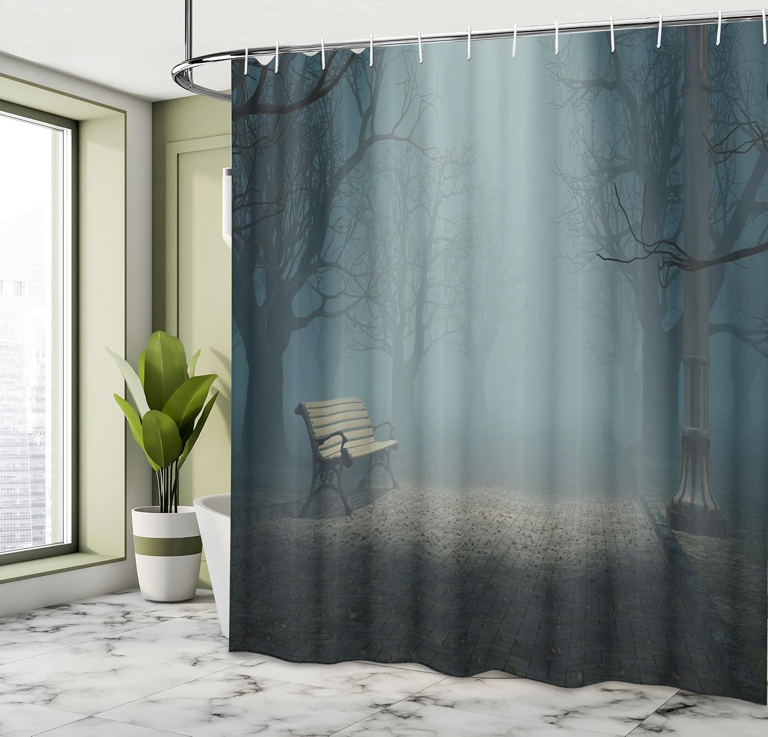 Ambesonne Forest Shower Curtain, Bench in The Park on Dark Mysterious Night Scary Forest Horror Theme Habitat Design, Cloth Fabric Bathroom Decor Set with Hooks, 69" W x 75" L, Teal
