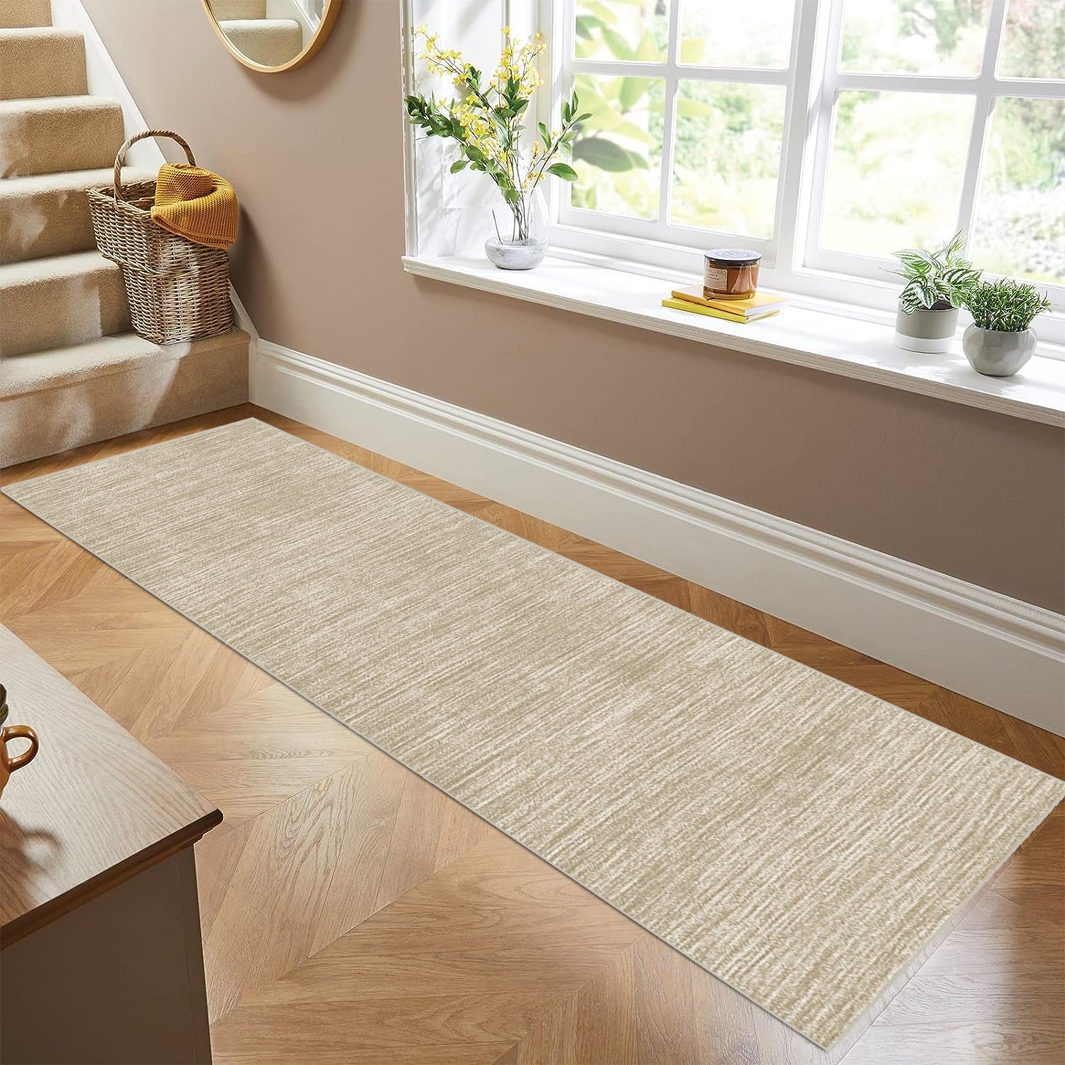 Siunwdiy Beige Vintage Non Slip Washable Low Pile 110x120cm Kitchen and Hallway Runner Rugs