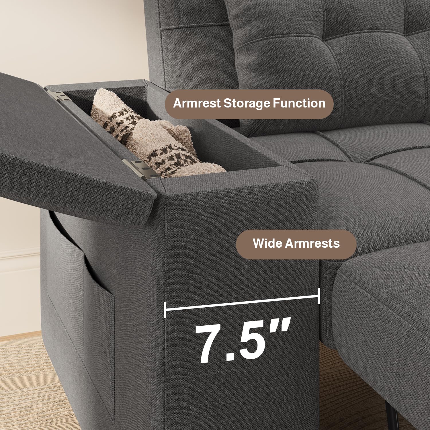 87" Convertible Sofa Bed, Pull Out Couch for Small Spaces, Dark Gray | Space-Saving Sleeper, Pull-Out Design, Adjustable Backrest, Wide Armrests with Storage, Plush Cushions for Small Spaces