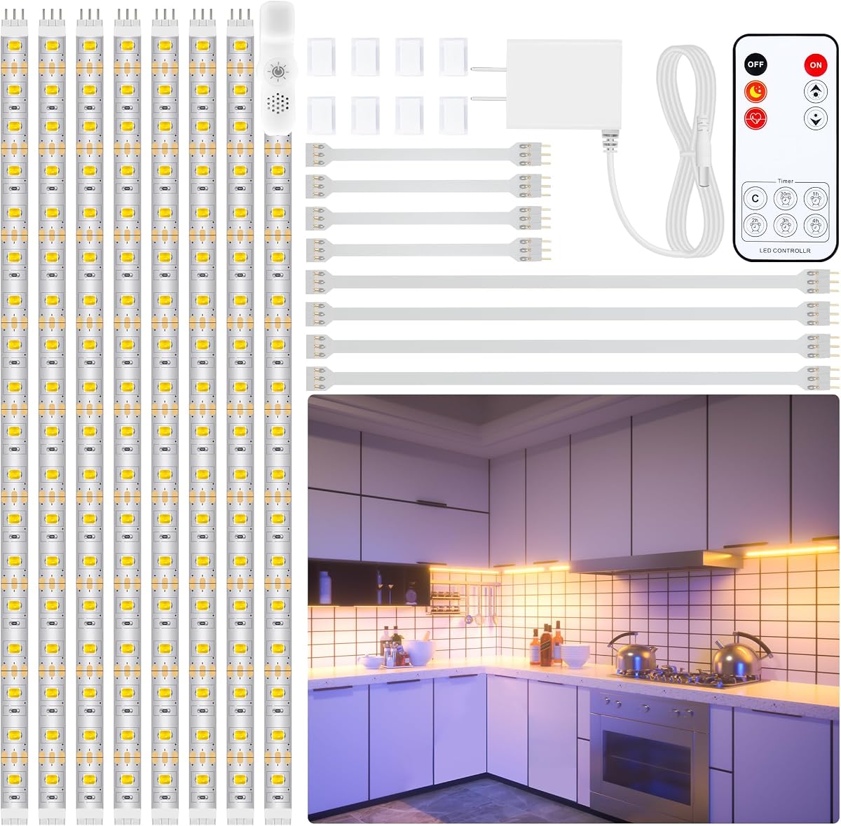 LAFULIT 8 PIEZAS Kit de iluminación debajo del gabinete de 20 pulgadas, 2700K | Tiras blancas cálidas, diseño flexible precortado, adaptador remoto y de alimentación, longitud total de 13 pies, para mostrador de escritorio