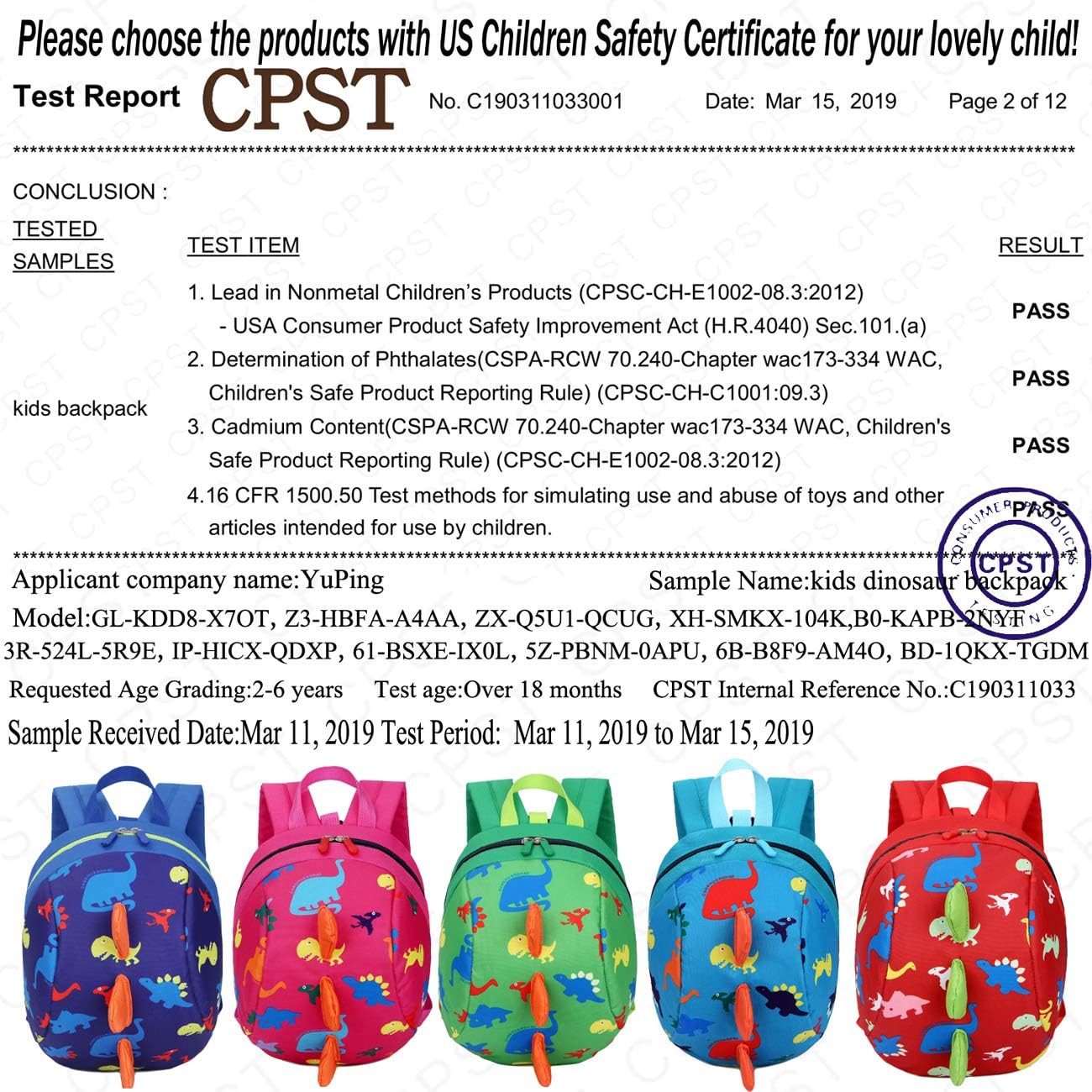 YUPING Toddler kids Dinosaur Backpack Book Bags with Safety Leash for Boys Girls - Image 3