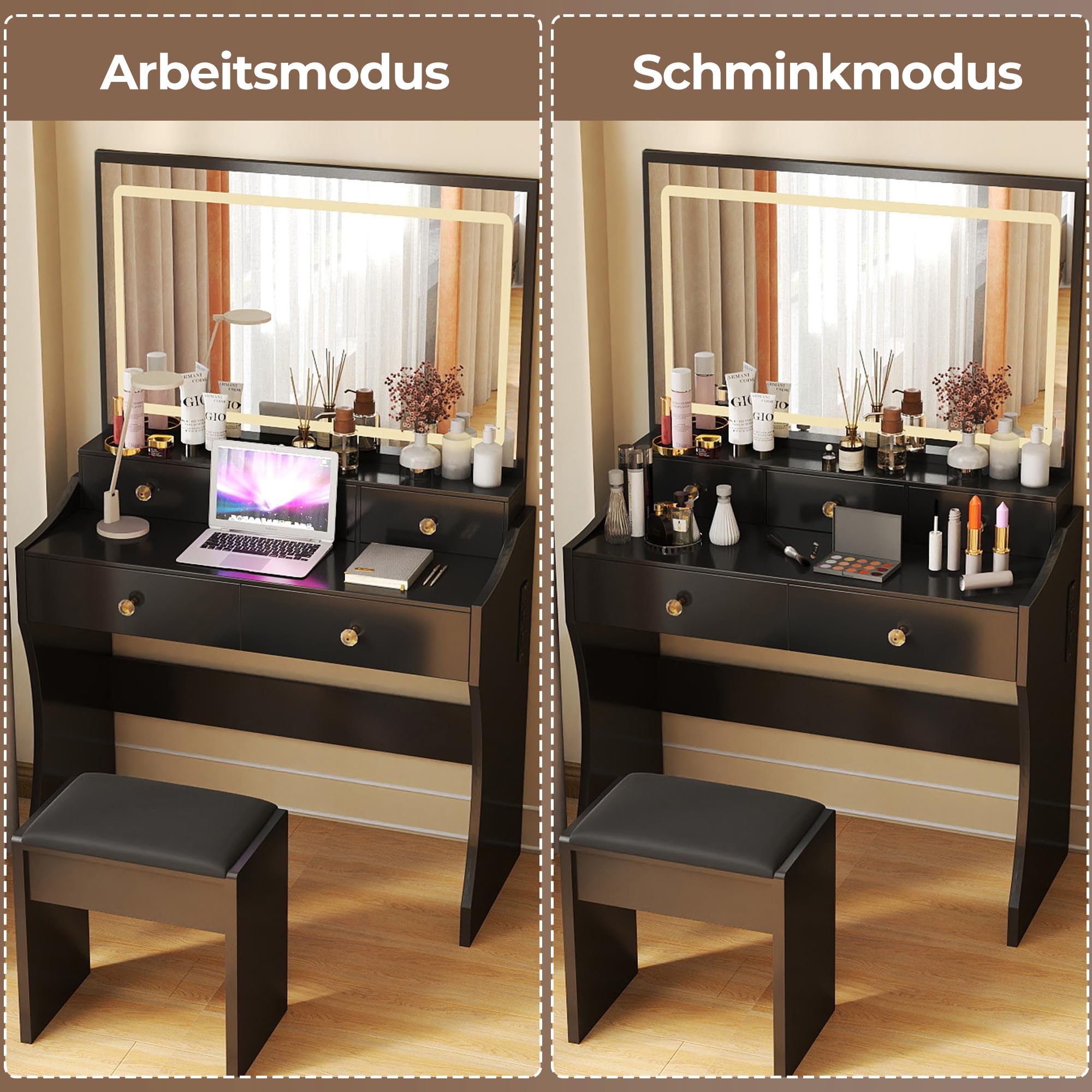 COMHOMA Schminktisch mit Beleuchtung, Schminktisch mit Spiegel und Verdeckter LED Lichtleiste, mit Stuhl und 5 Schubladen, Steckdosenleiste, DREI Farbtemperaturen und Helligkeit Einstellbar, Schwarz