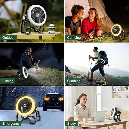 Miniatura 7 de Linterna portátil recargable para campamento, 40 horas, 20000 mAh, inalámbrico, funciona con pilas, ventilador oscilante con control remoto, gancho