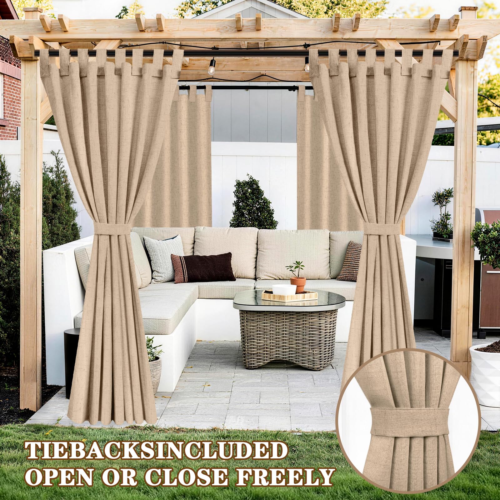Tende da Esterno, 2 Pezzi Tende per Gazebo Antipioggia con Anelli, Lino Tenda per Esterno Impermeabili, Tenda Oscurante da Esterno per Terrazzo Porta Balcone Veranda Giardino Pergola(132x215cm,Caqui) - 5