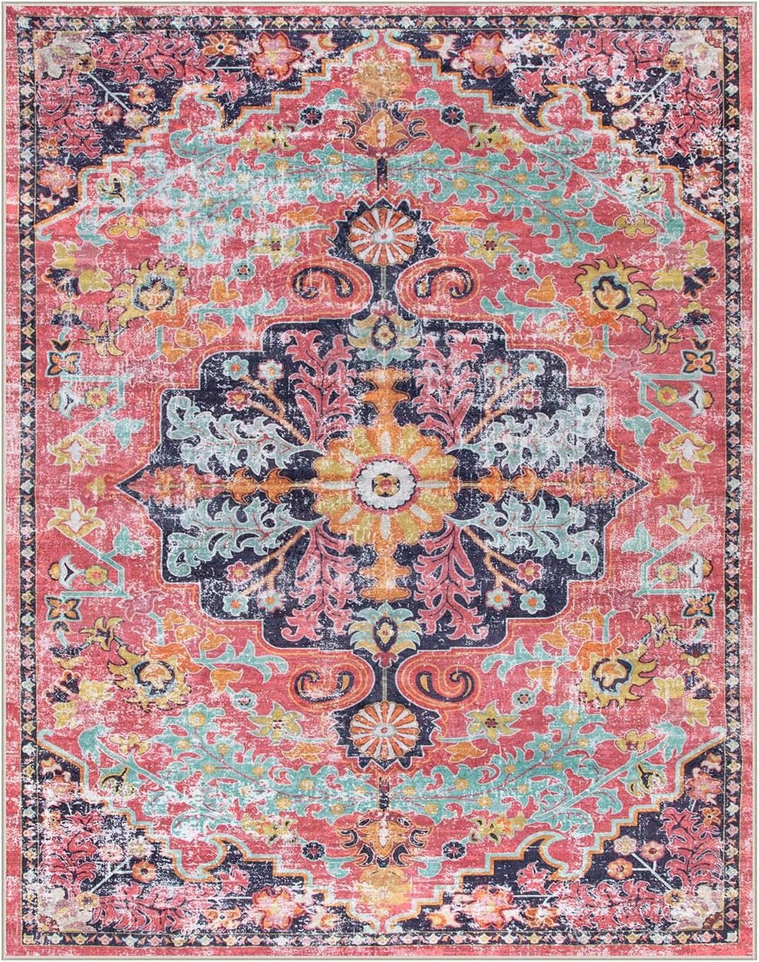 Lahome 8x10 Area Rugs for Living Room, Washable Rugs for Bedroom Aesthetic Large Dining Room Rugs for Under Table, Bohemian Printed Low Pile Nursery Carpet for Playroom Home Office, Fuchsia/Multi