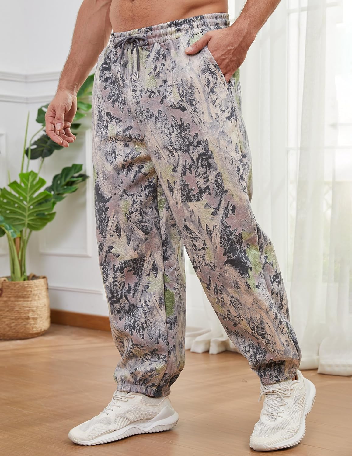 Mens Camo Sweatpants Baggy Maple Leaf Print Tapered Joggers Fleece Drawstring Waist Workout Lounge Pants with Pockets - Image 3