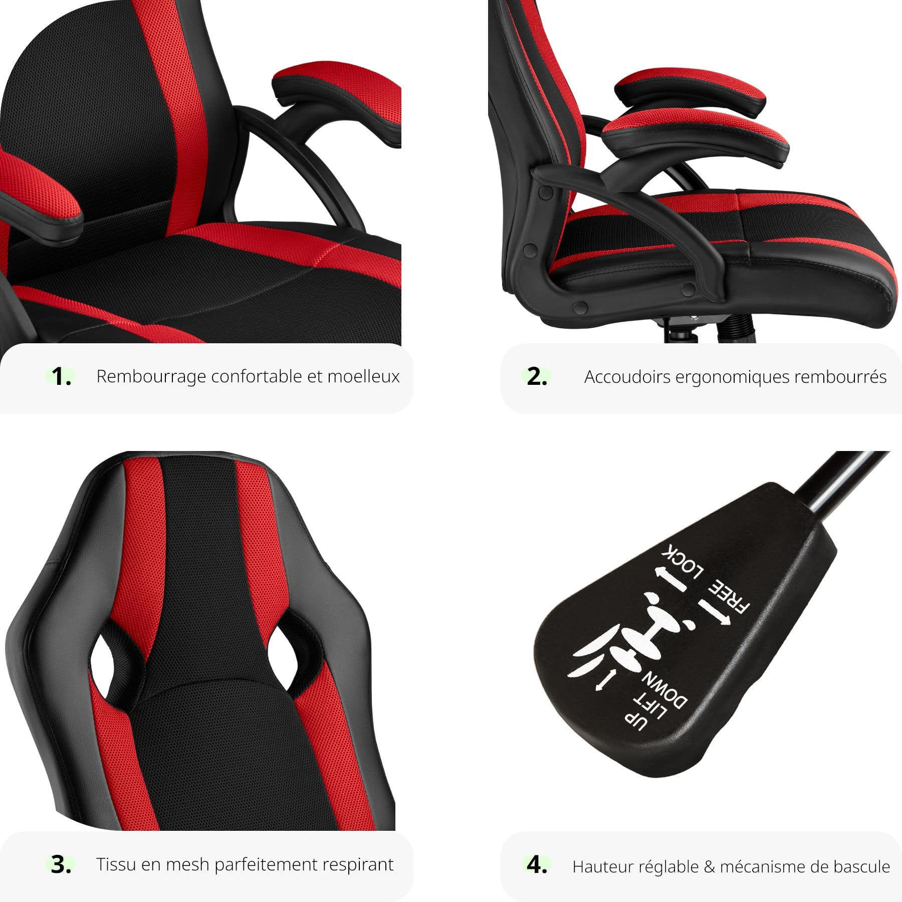 tectake Chaise de Bureau Fauteuil siège Racing Sport Tissu - diverses Couleurs au Choix - (Noir-Rouge | No. 403490)