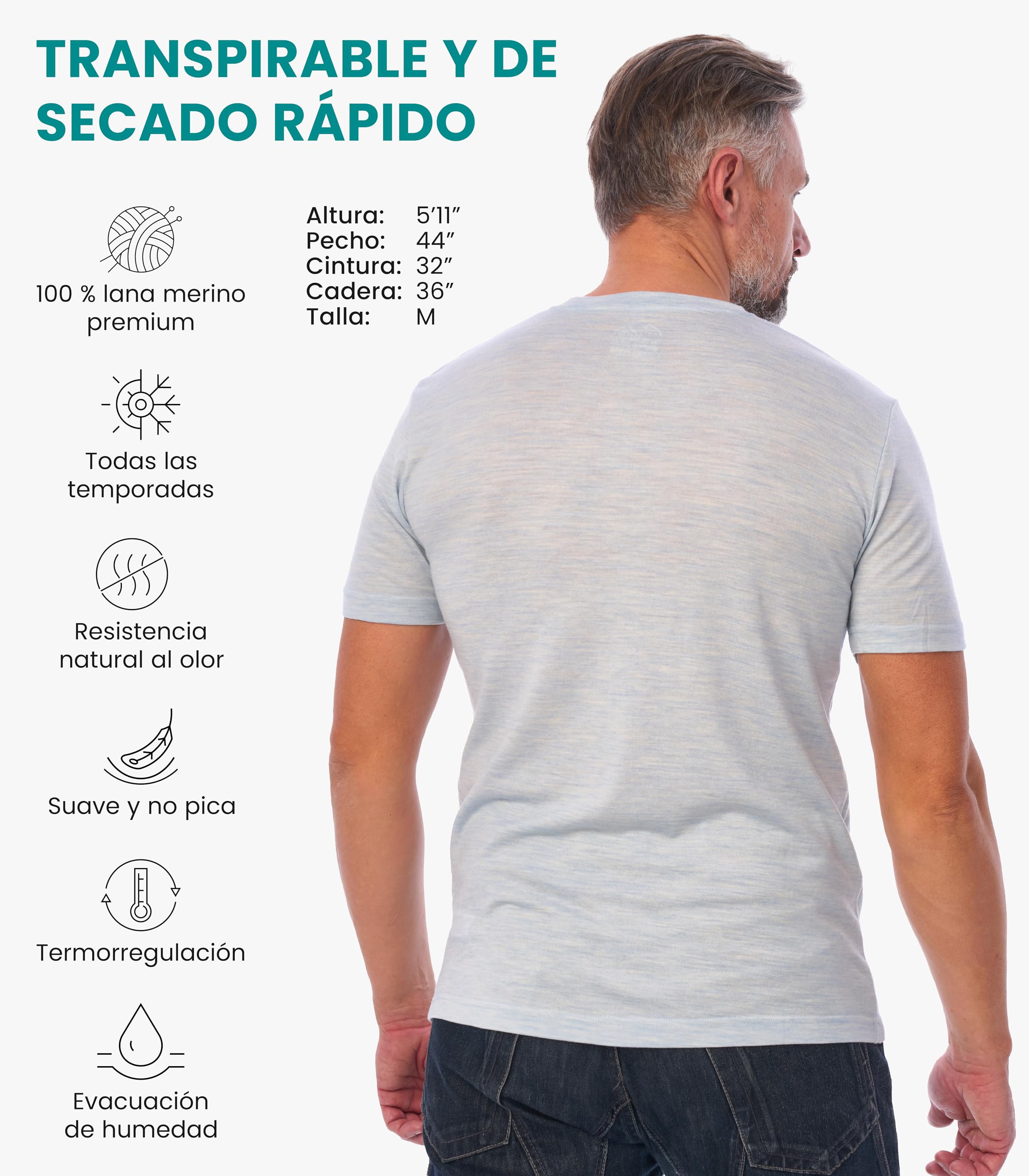 Camisetas Interiores de Merino para Hombre (Cloud, M)