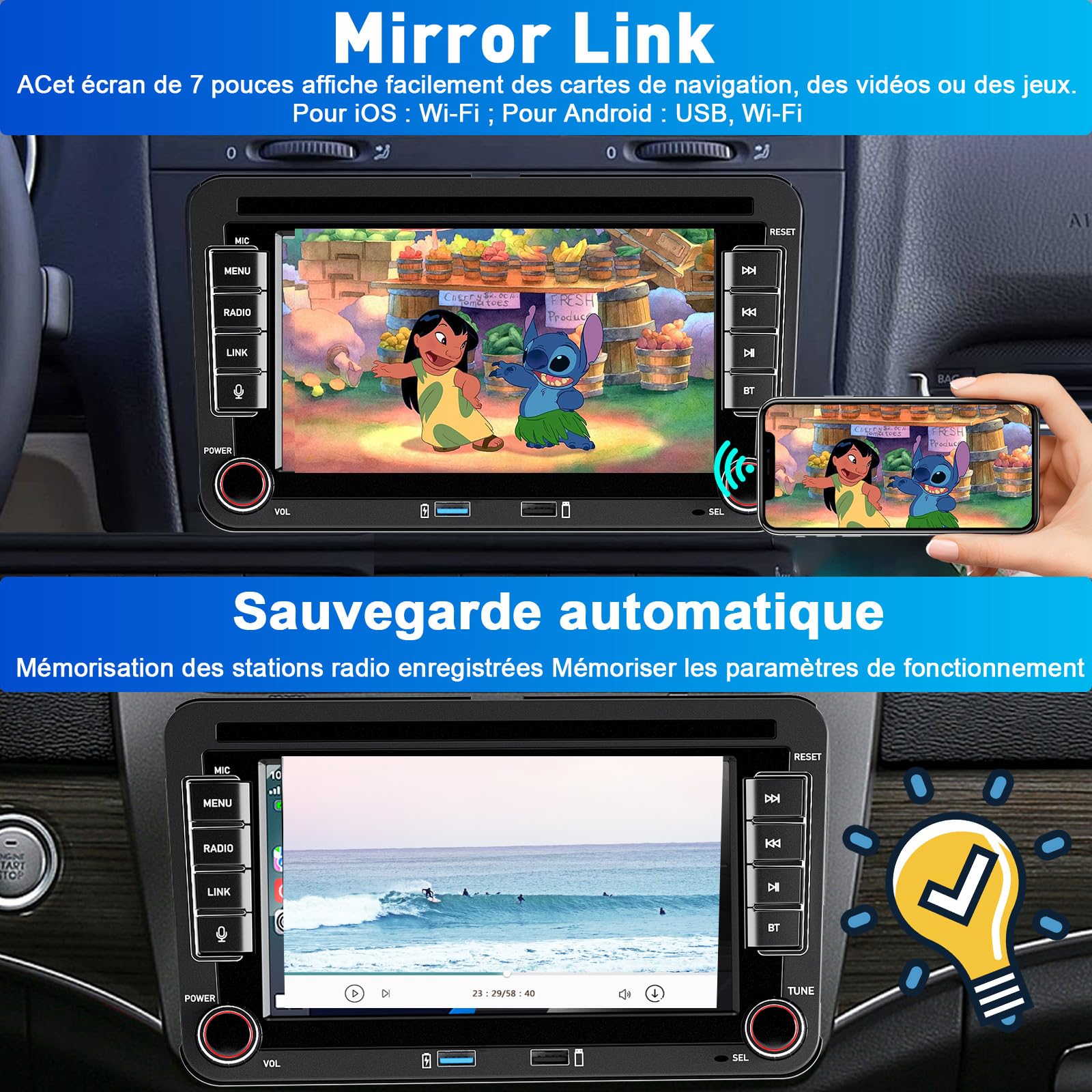 CarPlay Autoradio pour VW Golf 5 6 Passat Jetta Caddy Polo CC Tiguan EOS Touran T5 Skoda, 7 Pouces sans Fil Carplay & Android Auto, Puissance élevée/Bluetooth/FM/AM Radio/USB/DSP/RDS/SWC