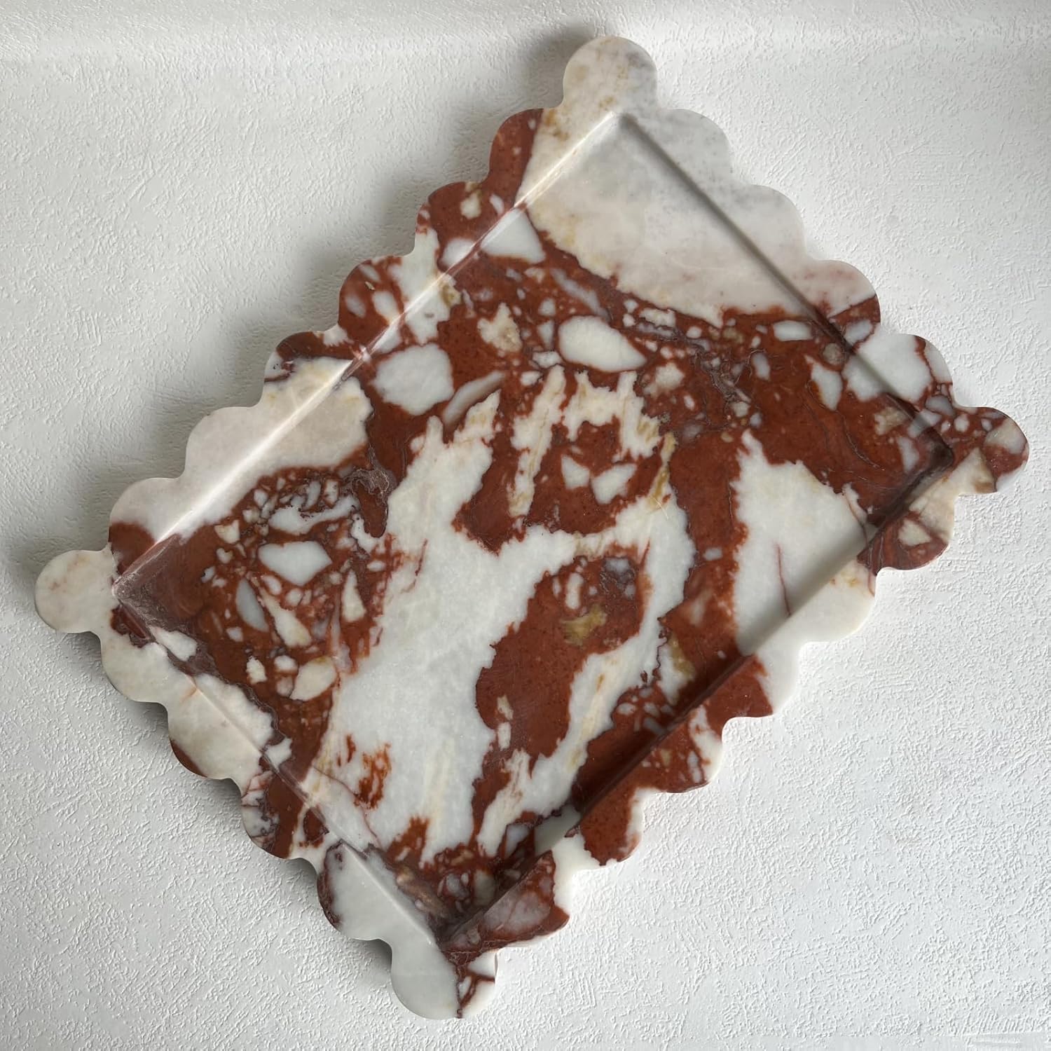 Natural Scalloped Marble Rectangular Tray, 10.8"x8", Decorative for Bathroom, Kitchen, Dresser (Calacatta Red)