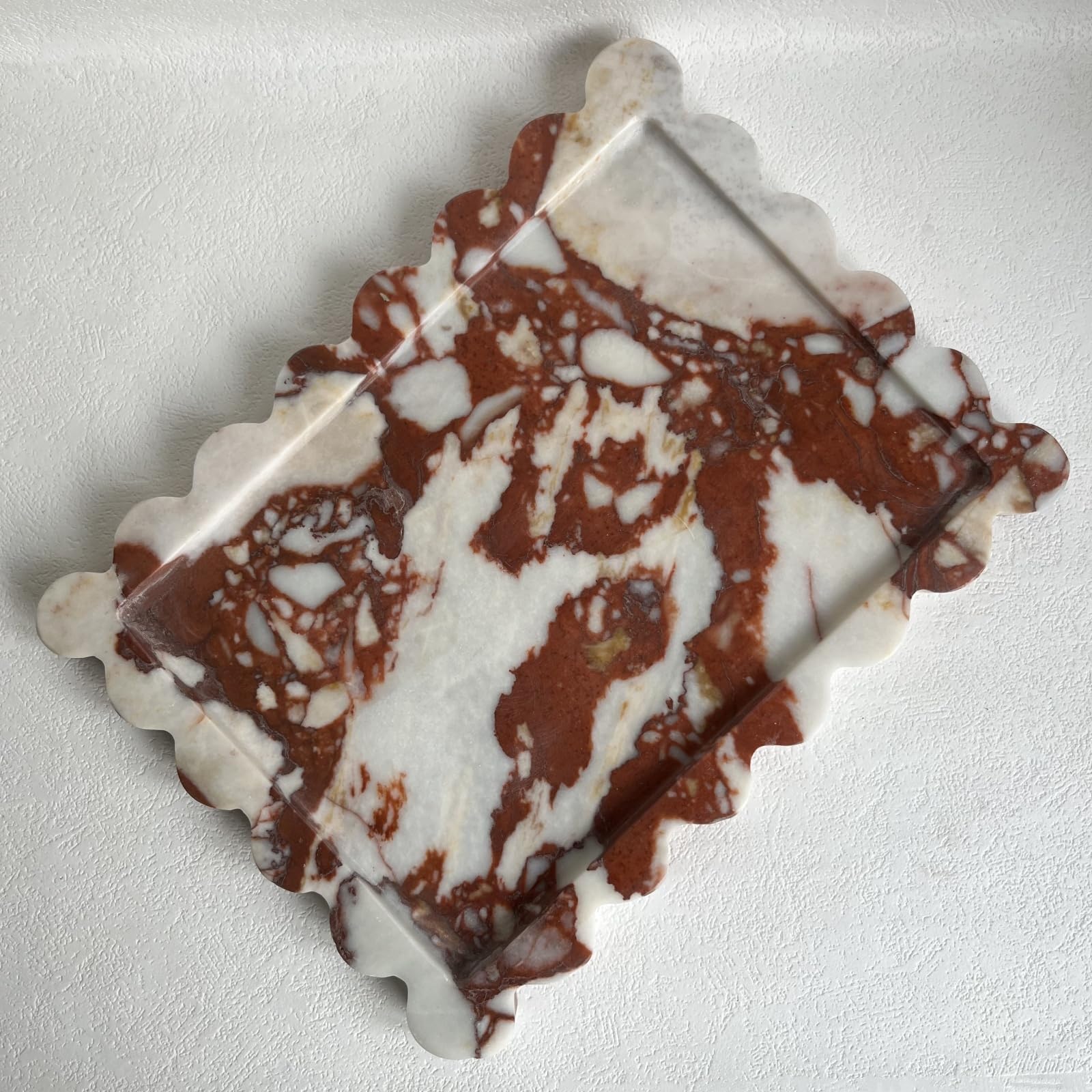 SAIDKOCC Natural Scalloped Marble Rectangular Tray, 10.8"x8", Decorative for Bathroom, Kitchen, Dresser (Calacatta Red)