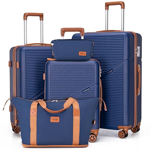 Cosbarn 5 Piece Luggage Sets with Spinner Wheels, Hardshell ABS Suitcase Set with Tsa Lock, Lightweight Hardside Waterproof Travel Suitcases for Men Women, DarkBlue (20"/24"/28")