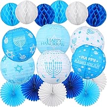 Retisee 18 Pcs Hanukkah Party Decoration Happy Hanukkah Paper Lanterns with Candlestick Dreidel Blue White Hanging Paper Fans Honeycomb Balls Chanukah Ornament for Jewish Party Home Decor