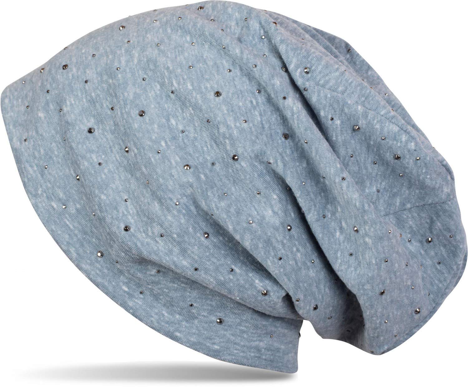 Stylebreaker Unisex Mottled Blue / Used Look Noble Beanie Hat With Rhinestone Rivet Application, 04024037, Colour:mottled Blue/Used Look
