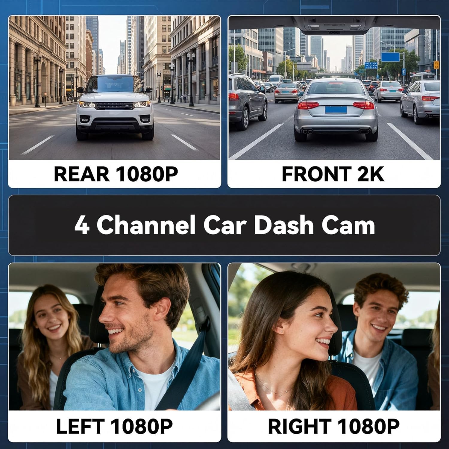 Écran IPS 3" Dashcam Voiture 4 Caméras 360° | Caméra Avant 2K UHD + 3x1080P | Vision Nocturne 8 LED, Parking 24h/24, WiFi & App