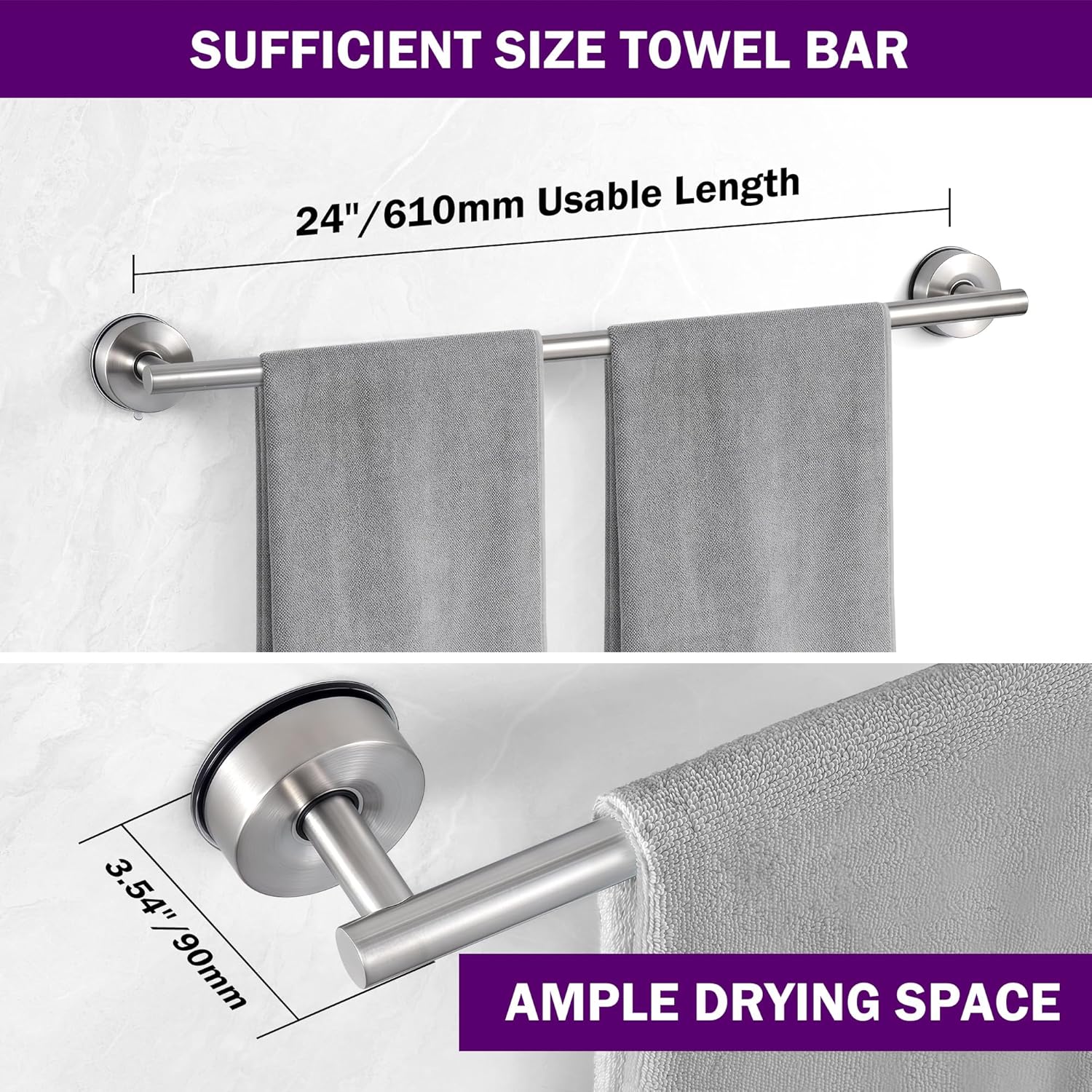 JOMOLA Bathroom Suction Cup Towel Rod, Brushed Stainless Steel Towel Bar No Drilling, Minimalist Design Wall Mounted Hand Towel Holder Rustproof for Smooth Surfaces, 24 inch
