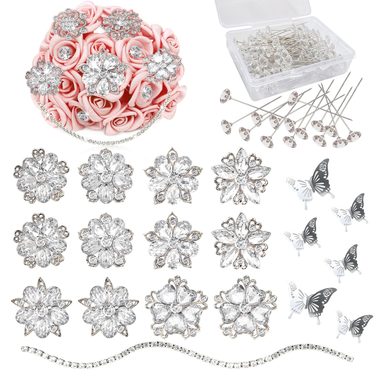 Yhsheen Rhinestone Brooches Bouquet Pins Corsage Crystal Brooch Diamond Pins kits for Wedding Accessories Jewelry Decoration DIY Craft Sewing(Sliver)