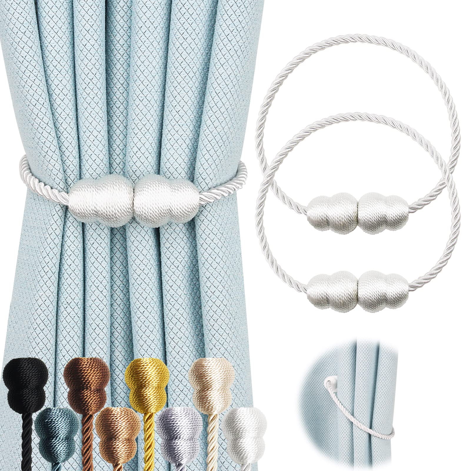 Hangtty Magnetic Curtain Tiebacks 2 Pack Rope Decorative Curtain Tie Backs Elegant Curtain Holders for Drapes Outdoor Window Treatment Holdbacks,