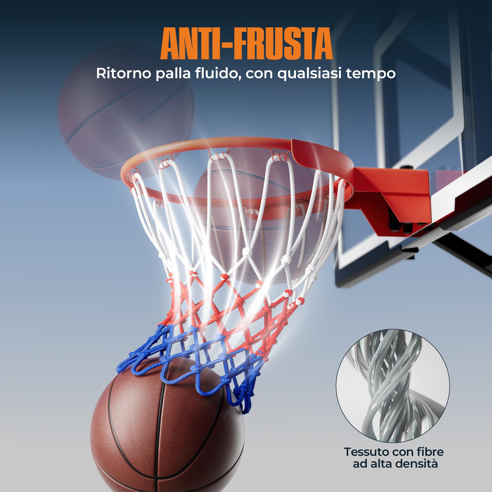 2 pezzi Rete per Basket Professionale 150g, Rete Resistente per Canestro Esterno, Anti Aggrovigliamento, Facile da Installare 12 Ganci, Colori Bianco Rosso Blu